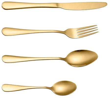Sturdy Stainless Steel Cutlery Set for 6, Comfortable Handling, Elegant Design, Versatile Usage with Wooden Storage Case (Gold)