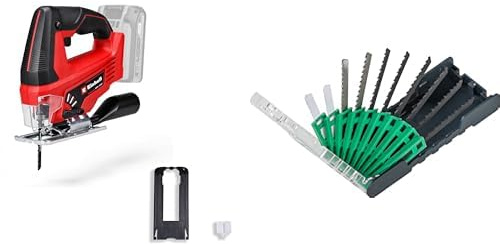 Einhell Sierra de calar a batería - TC-JS 18 Li - Solo Power X-Change. Litio-Ion, 18 V, incl. hoja de sierra de calidad KWB para madera, carrera pendular conmutable. + Juego de 10 hojas de calar