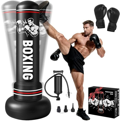 Boxsack Erwachsene, 190cm Schwerer Boxsack Stehend mit Boxhandschuhen und Luftpumpe, Aufblasbar Standboxsack für Teenagern und Erwachsenen Training Taekwondo MMA Muay Thai Zuhause Fitnessstudio