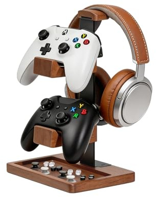 Acidea Controller Holder and Headset Stand, Dual Gaming Controller Stand | Solid Wood Game Equipment Organizer Rack for Xbox, PS4, PS5, Gamepad, Headphone Holder Gamer Gift for Son, Husband, Boyfriend