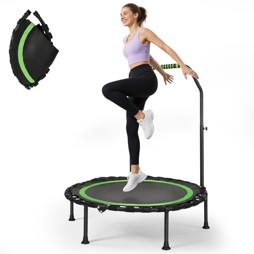 Klappbares Indoor Fitness Trampolin | Ø101cm | Leise & Stabil | Bis 150 kg Tragkraft | Höhenverstellbarer Haltegriff | Mini Trampolin für Erwachsene(Grün)