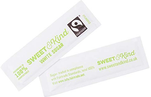Sweet and Kind White Sugar Sachets - 1000 Pack - Fairtrade, Sticks for Coffee, Tea, and Hot Drinks - Granulated, 100% Compostable Premium Individual Packaging