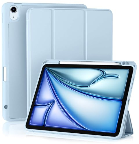 Maledan Hülle für iPad Air 11 Zoll 2024 M2/ 2025 M3, iPad Air 5 4 (2022/2020 10,9 Zoll) mit Stifthalter, Weich TPU Schutzhülle Auto Schlafen/Wachen, Unterstützt Apple Pencil Laden, Hell Blau