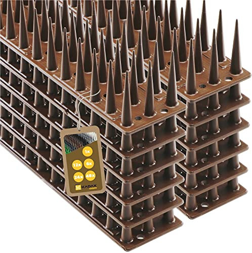 KADAX 12 Stück Vogelabwehr Spikes, Kunststoff, 51x4x3,5 cm, 3-reihig, für Tauben, Katzen, Marder, Zaun, Balkon, Dach, Fensterbank, robust und wetterbeständig, frei zuschneidbar, Braun