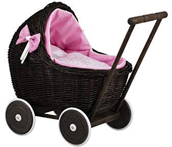 e-wicker24 Alles aus Weide Puppenwagen aus Weide mit Bettwäsche perfekte Geschenkidee Korbpuppenwagen schöner Spielzeug aus Korbgeflecht Korbwagen für Puppen Spielzeug für Mädchen (Pink 1)