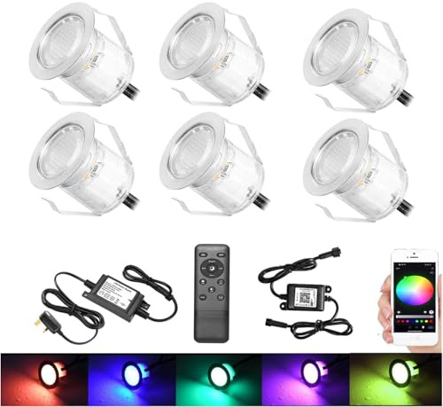 GEYUEYA Home RGB Bluetooth LED Decking Lights, IP67 Waterproof, 6 Pack | Ø30mm Recessed Plinth Light with Remote Control, Ideal for Deck/Path/Patio Decoration, 12V Low Voltage Safe