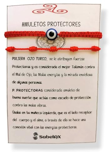 SabelAX Braccialetto rosso 7 nodi e bracciale occhio turco, filo rosso, amuleto buona fortuna, protezione male degli occhi, per donna, uomo e coppie, braccialetto Kabbalah, 2 pezzi.