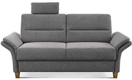 CAVADORE 3-Sitzer Sofa Wyk / 3er Couch im Landhausstil mit Federkern, Kopfstütze + Holzfüßen / 186 x 90 x 89 / Chenille, Grau