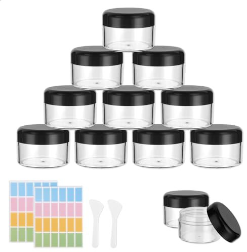 Flintronic 12 Stück Döschen, 50ml Plastik Döschen, Leerdose klarer Tiegel, Cremedose Leer Transparent Tiegel mit Spatel und Etikett，Reise Töpfchen Döschen Set für Mini-Kerzen Kosmetik