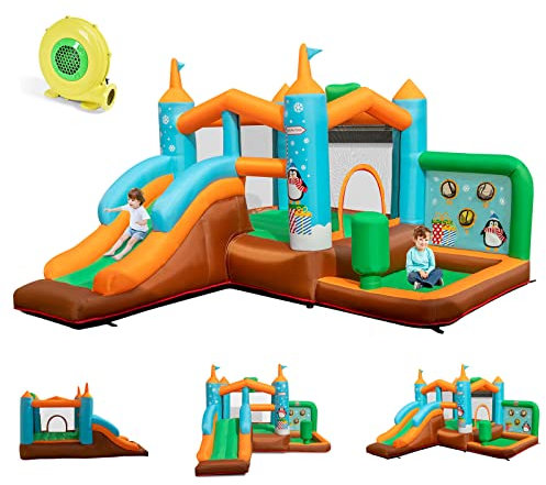 GOPLUS Château Gonflable 6 en 1 pour Enfants avec Toboggan, Trampoline Jeu Boxe, Aire de Jeux Gonflable Pingouin pour 3 Enfants 3-12 Ans Jusqu’à 90kg (Pingouin+ souffleur 450w)