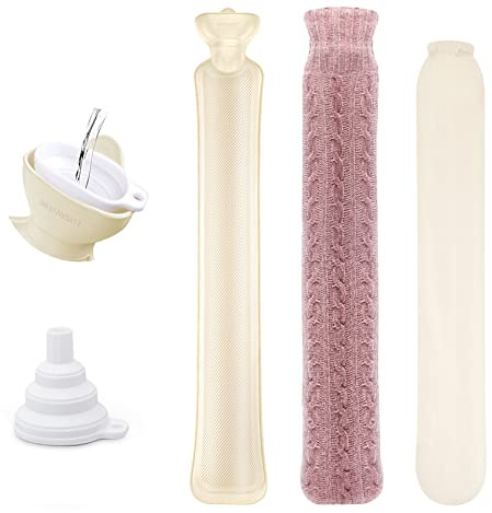 Homewit Groß Wärmflasche Lang mit Super Weich Chenillegarn Bezug, Schlauch Wärmflasche 2 Liter - xxl Wärmflasche für Schulter, Nackenwärmflasche und Bettflasche, Frauen Geschenk,Dunkelrosa