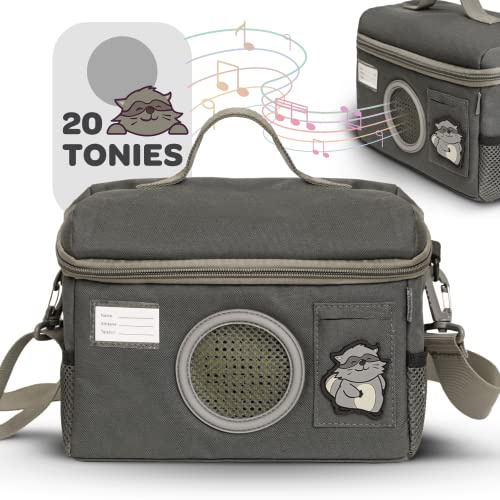 Toniebox Tasche für Tonie box 1 & 2 - Mit Namensschild - 15 Tonie Figuren | Tonie Transporttasche Kopfhörer Toniebox Tasche Mädchen & Junge - Mit Namensschild & Schultergurt Toni Box Ladestation