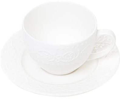 HOMLA Tasse Sylia Große Tasse mit Untertasse - Tassen für Tee, Kaffee - Interessante Form und Dezente Dekorelemente - Ergonomischer Griff - Hergestellt aus Porzellan - Weiß mit Ornament, 0,25 l