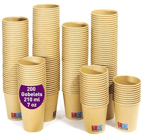 200 Gobelets Jetables en Carton Kraft de 210 ml / 7 oz. Résistants, Étanches. Idéaux pour le Café, le Thé et les Boissons Rafraîchissantes. Gobelets Kraft