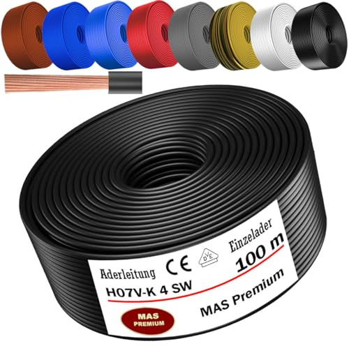 Von 5 bis 100m Aderleitung H07 V-K 4 mm² Schwarz, Braun, Dunkelblau, Grüngelb, Grau, Hellblau, Weiß oder Rot Einzelader flexibel (Schwarz, 100m)