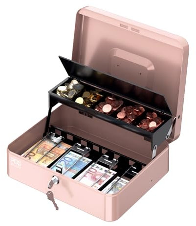 POS VALLEY Boîte à valeurs portable en fer, avec plateau porte-pièces et ressorts en acier ferme billets, serrure de sécurité 30 x 24 x 9 cm (rose)
