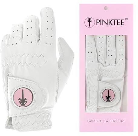 CROWNBLANKS Women's Golf Glove Left Hand Ladies Pink Cabretta Leather Golf Gloves with Removable Magnetic Ball Marker Full Finger(18pink)