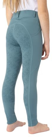 HORZE Leggings da equitazione per bambini, DEA, pantaloni da equitazione, passanti per cintura, inserto completo, custodia per cellulare, Arctic Blue, 158-164 cm