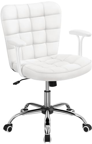 Yaheetech Silla de Oficina con Reposabrazo Silla Oficina Tapizada de PU Silla con Ruedas Silla Ergonomica Base Metal Blanca