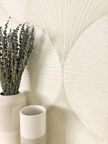 Newroom Vliestapete Weiß Perlmutt Blätter Schimmer Tapete Wohnzimmer | cremeweißes Blattmotiv fächerförmig, geprägte Rillenstruktur, 3D-Relief, Mustertapete, Wandtapete, Schlafzimmer