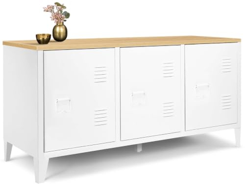IDMarket - Aparador Bajo Ester 113 cm 3 Puertas de Metal Blanco con Tablero de Madera de Diseño Industrial