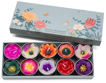 Hana Blossom Surtido de 10 velas de té aromáticas de flores tropicales hechas a mano con aceite esencial de Neroli en una caja de regalo de diseño botánico