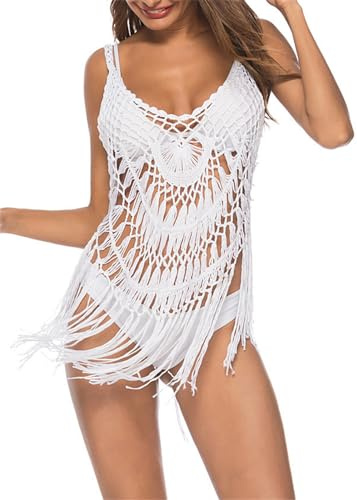 KANDEMY Damen Sexy Strandkleid Boho Bikini Cover Up Fransen Ärmellos Strick Häkel Beachkleider Trägerkleid für Strand Urlaub Weiß Eine Größe