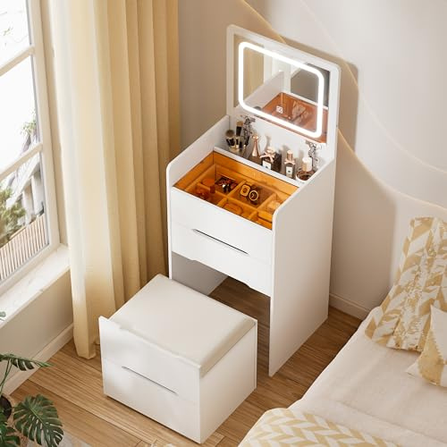 MSFE Coiffeuse avec Miroir Rabattable et éclairage LED 3 en 1 Table de Toilette de Chambre Coiffeuse avec Plateau en Verre Visible,Compacte avec 3 tiroirs et Tabouret Rembourré Table de Toilette