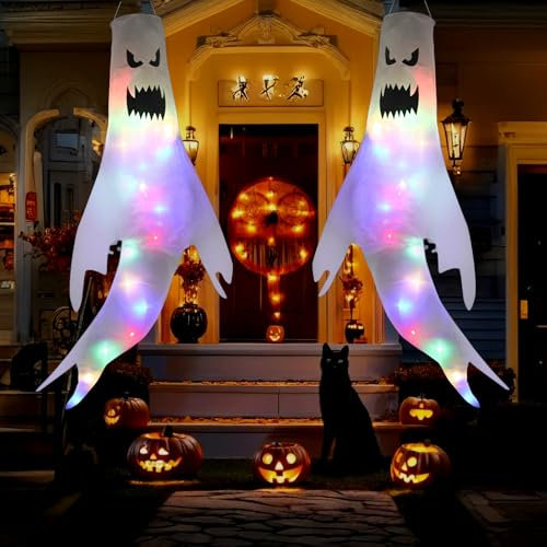 Manica a Vento Fantasma di Halloween 2 Pezzi Maniche a Vento Appese per Halloween, Fantasma Windsock Decorazione Appesa di Halloween, Halloween Ghost Windsocks Con Luce LED Appendere Fantasma
