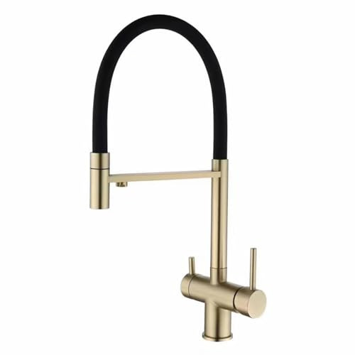Grifo de Cocina con Ducha Extraíble Grifo de Agua Potable de 3 Vías Sistema de Ósmosis Caño Doble de Dos Mandos Grifo de Tres Vías Cocina Oro Cepillado