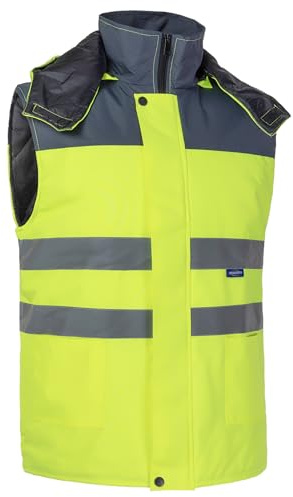 Oralidera Gilet Imbottita di Sicurezza Antinfortunistici Alta Visibilità Unisex Adulto Gilet da Lavoro Giubbino Smanicato Imbottita con Cappuccio, Verde+Grigio, L