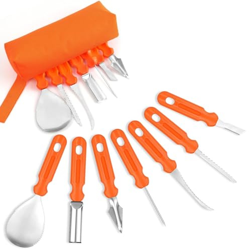 OSDUE Halloween Kürbis Schnitzset, 7 Stück Kürbis Schnitzmesser Set DIY Halloween Dekoration Edelstahl Kürbis Schnitzwerkzeuge mit 10 Vorlagen mit Tragetasche für Kinder und Familie