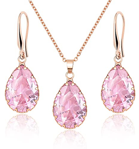 Linawe Schmuck Set Pink Schmucksets für Damen, Kette Halskette Anhänger Rosegold, Ohrringe Hängend Hochzeit Damenohrringe Set, Brautschmuck Modeschmuck Jewelry Set