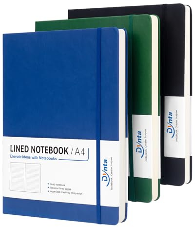 Dynta A4 Lined Journal Notebooks 3 Pack 8.5 x 11 Leather Hardcover Journals 200 Pages/100 Sheets Large Notebooks for Work, Journaling, Note Taking (Black, Green, Blue)