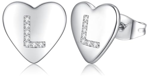 Örhängen silver 925 stiftörhängen silver 925 för kvinnor flickor barn, litet hjärta örhängen silver bokstäver örhängen med zirkon, sömn brosk örhängen 10 mm, S, guldpläterad, Kubisk zirkonia