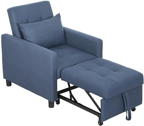 HOMCOM 3 in 1 Sofa Bed, Convertible Foldable Sleeper Chair Bed, Tufted Pull Out Sleeper Couch with Adjustable Backrest for Living Room and Bedroom, Blue