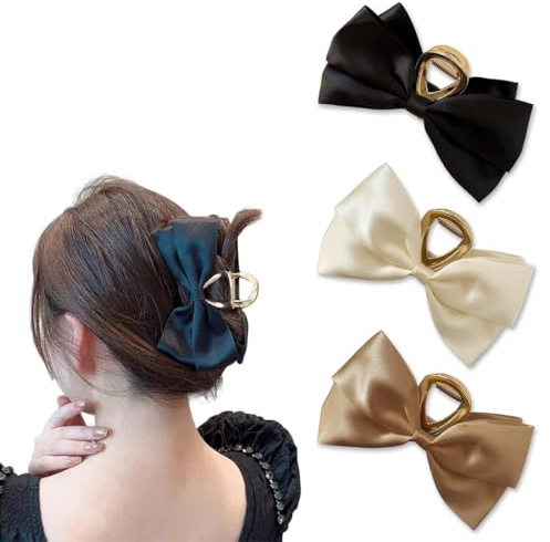 GGUFAY 3 Pinzas para el Cabello de Mujeres, Peinados con Lazo Doble Cara en Metal, Ideales para Mantener el Cabello en Lugar Fácilmente, Antideslizantes (Negro, Beige, Cáqui)