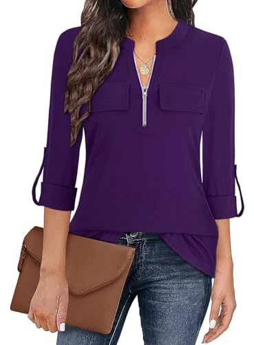 Gemulate Purple Blouses for Women UK Long Sleeve 3/4 Sleeve Blouse with Zip Tunic Tops for Leggings V Neck Polo T Shirts Essentials Womens Clothing Dark Purple M