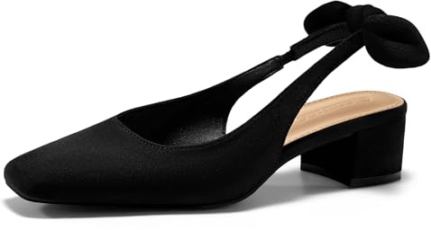 Coutgo Womens Chunky Low Heels Bow Slingback Pumps Closed Square Toe Wedding Party Dress Shoes, Black, Size 9