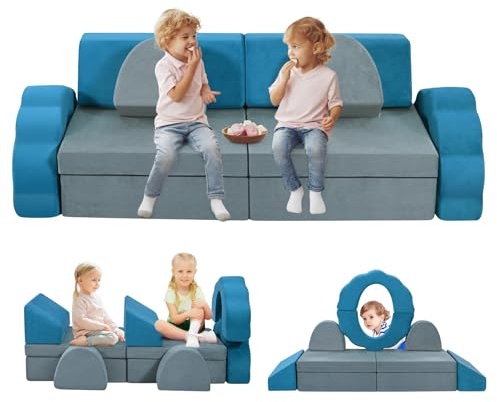 MINENICE Sofá infantil de espuma en forma de flor, módulo multifunción de 10 piezas, diseño creativo para jugar y dormir, gris y azul