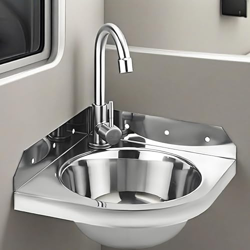 Lavabo De Inoxidable De Pequeño Esquina Para Lavar a Mano,Fregadero De Cocina De Esquina,Fregadero De Pared Con Caliente Y Frío Grifo,Mini Triangular Lavabo,Para Bote,Rv Y Garaje