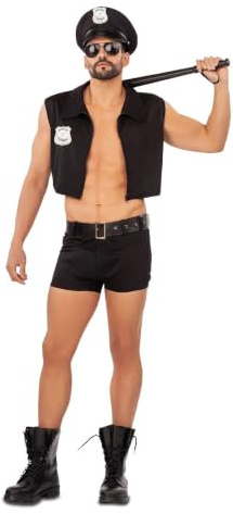 My Other Me - Disfraz Policía hombre adulto en negro | Incluye sombrero con insignia plateada, camisa sin mangas con placa, cinturón y pantalón bóxer negro