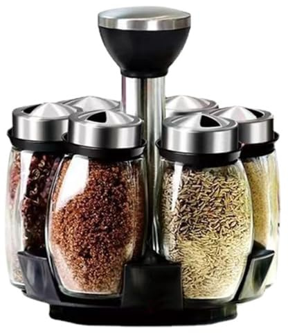 Portaspezie girevole a 360° con 6 barattoli di vetro, carosello per erbe e spezie in acciaio inox, per conservare erbe e spezie in cucina, autoportante, salvaspazio