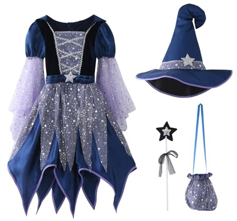Kielsjajd Deguisement Halloween Enfant Fille, Violet Deguisement Sorciere Enfant, Costume Bebe Fille Cosplay Carnaval, Jupe + Chapeau + Sac + Accessoires 4-14 Ans