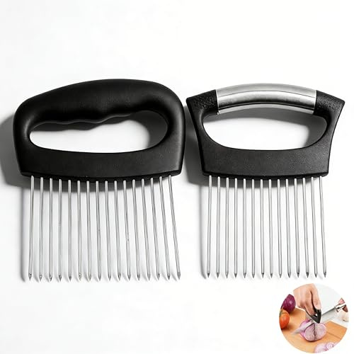 2pcs Onion Slicer Holder, 304 Stainless Steel Extra-Large 16 Long Needles Fruit Vegetable Cutter Slicer Kitchen Cutting Tool for Onion Tomatoes Cucumber Meat