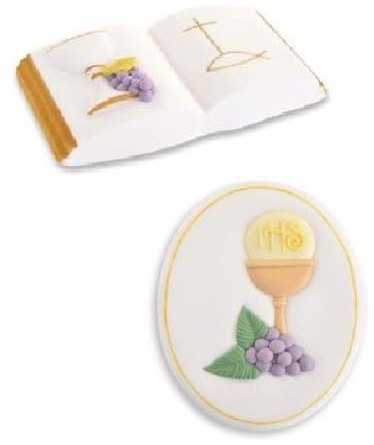 Generico Decorazioni Torta Comunione in Zucchero Senza Glutine, Ostia o Libro, Simboli Religiosi con Calice e Uva, Multicolore (Ostia)
