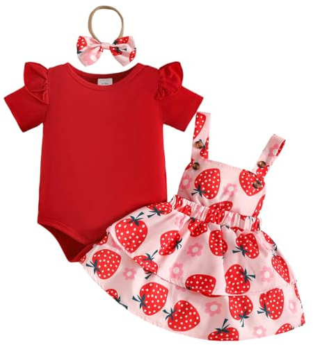 JENJON Neonata Bambina Gonne Set Manica Corta/Lunga con Stampa a Cuore Top + Regolabile Bretelle Abito + Fascia per Capelli Abiti 3Pcs Completo
