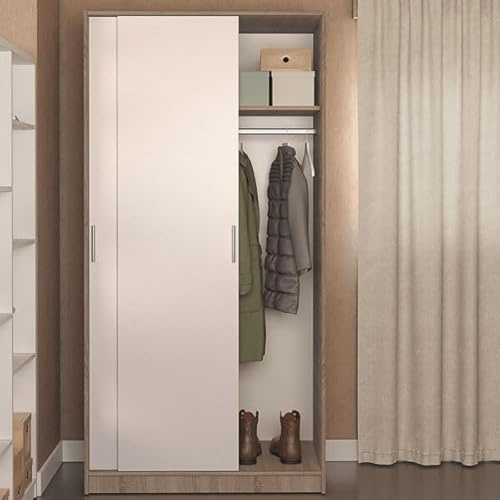 Meyvaser.com Ecommerce Company Armario 2 Puertas Correderas Roble Cortez + Blanco Liso | 200 x 100 x 50 cm | Barra para Colgar + Estante Superior | FSC | Fabricado en España