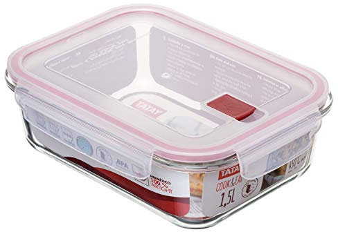 Tatay Tupper Cristal 1,5 L Cook & Eat | Vidrio Borosilicato Resistente | Tapa Hermética Clip, Válvula de Vapor | Apto Microondas, Horno, Nevera y Congelador | Libre de BPA | 17,7x23x7,6 cm, Rojo
