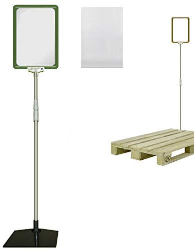 Plakatständer DIN A5 Rahmen grün mit U-Tasche, Teleskopständer höhenverstellbar bis 1510 mm mit Teleskoprohr ALU Kunststoff, Fuß eckig 160x192 mm Stahl schwarz, Kundenstopper, Aufsteller für Paletten